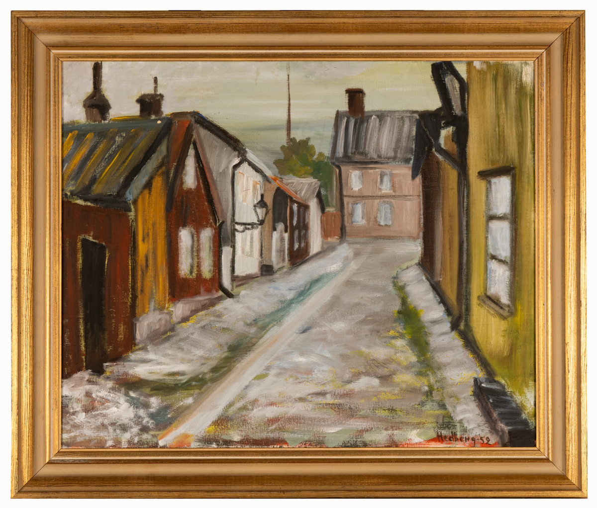 Gatubild från Gamla Gefle, Gävle, 1952, av konstnär Ecke Hedberg, Kungsfors. Troligen Glasmästargränd mot söder. På höger sida av gatan låg släkten Axelson-Löfs hem.
