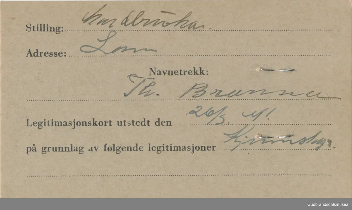 Tore Brenna f. 1886
ID-kort utstedt 1941, Lom