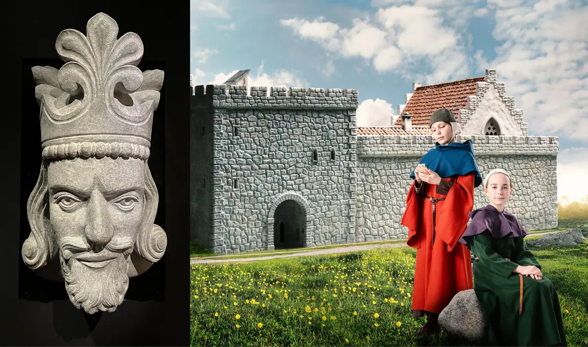 Steinhode av Magnus Lagabøte, med krone og langt hår, skjegg og bart, er sidestilt med et manipulert bilde av bispeborgen på Domkirkeodden og to middelalderkledde barn som står utenfor.
