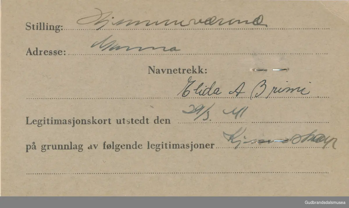 Brimi - Elida f.1917.
ID-kort utstedt 1941, Lom
