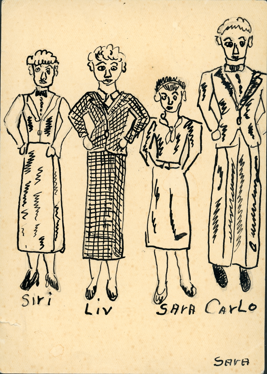 Porträtt av konstnären Siri Derkert och hennes tre barn, tecknade i helfigur av Sara Derkert.