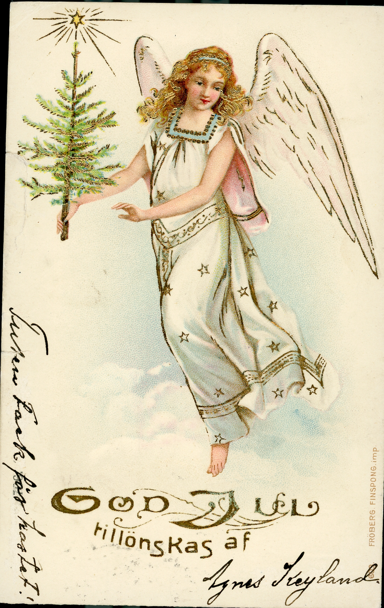 Illustration av en ängel hållandes ett julträd med en stjärna i toppen. Påskrift: [i guldiga bokstäver]God jul tillönskas
[handskrift] Tusen tack för kortet! Agnes Keyland