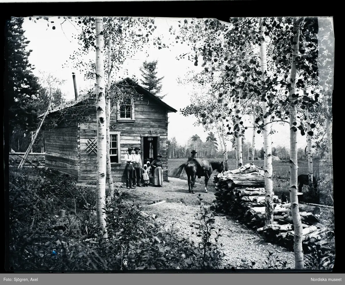 Två män, två barn och en kvinna står framför ett trähus. Ytterligare en man står intill en häst. Björkved ligger staplad längs vägen fram till huset.