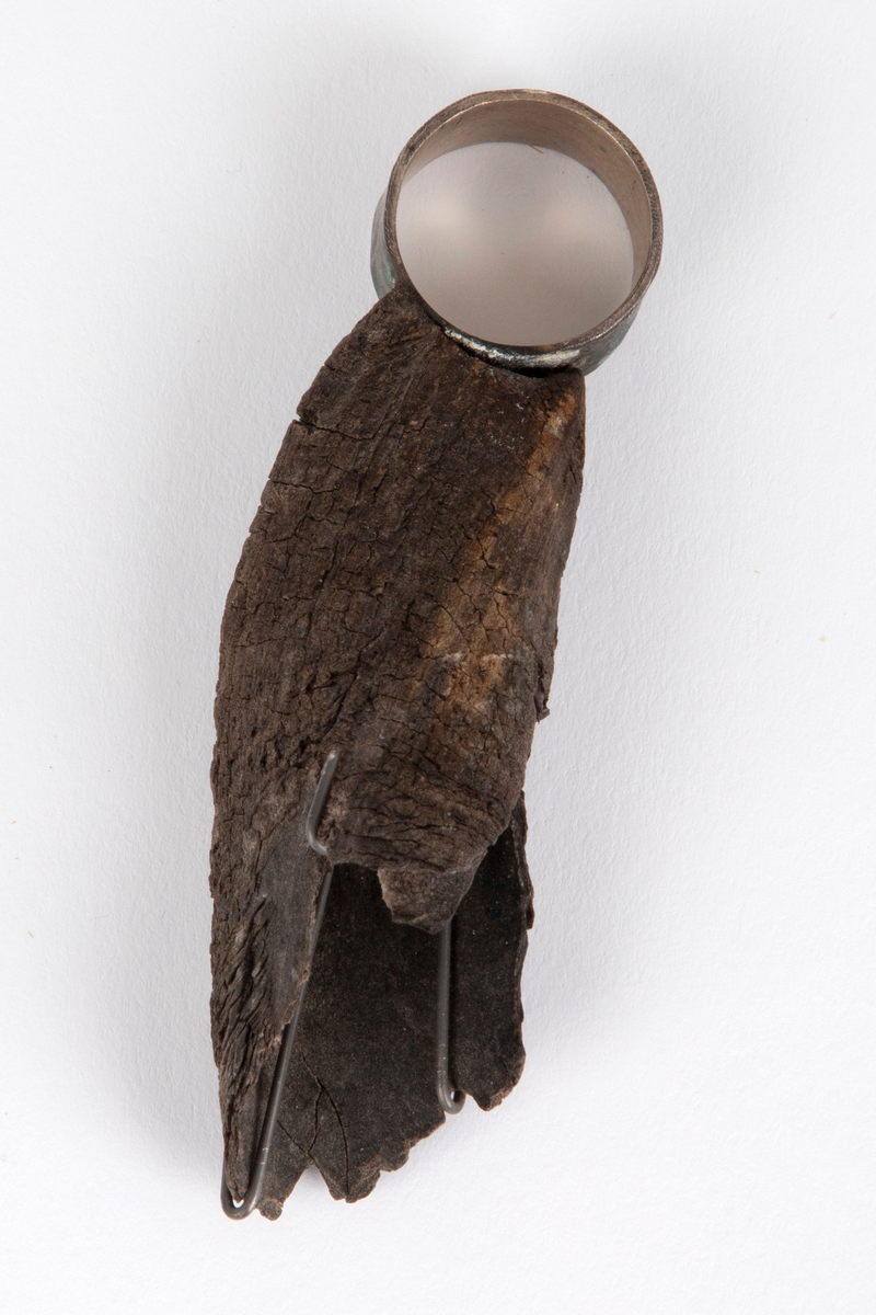 Sølvring med horn. Sølvet er oksidert på utsiden og har delvis en grønn patina. Hornbiten er festet til ringen med fire klammer. Ringen er uten signatur.