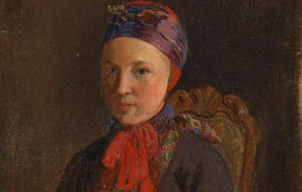 Ingeborg Andersdatter Hov som kone med "kjerringhugu", malt av Adolph Tidemann 1849