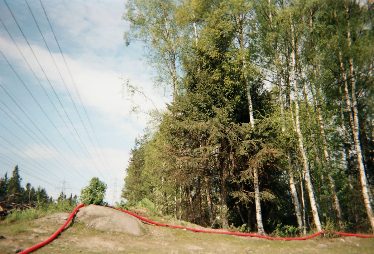 Motiv fra Lørenskog
Kraftgate gjennom skog. Kraftlinjene så vidt synlige i lufta. I forgrunnen to røde kabelslanger i plast.