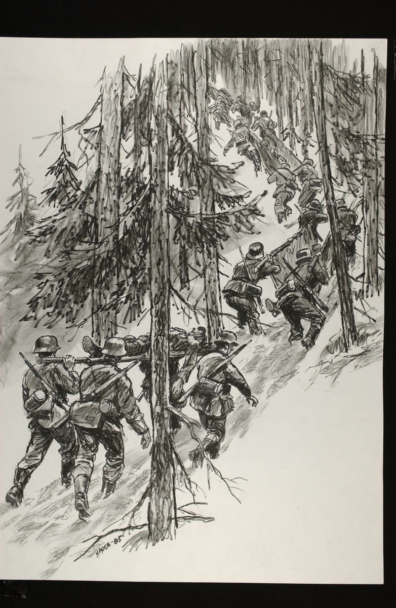 Tyske soldater bærer sårede i bratt skogsterreng.