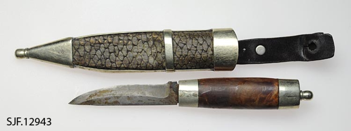 Tollekniv med slire.  Kniven har treskaft, antakelig av et rotemne som er brunbeiset.  Skaftet har et ovalt tverrsnitt og en noe konveks form (2, 0 X 2, 4 centimeter på midten).  Det er forsterket med glattpolerte nysølvholker.  I øverenden av skaftet er det påsatt en runddreid skaftknopp.  Bladet er rett, forholdsvis kort og bredt.  Også slipefasen er bred (opptil 9 millimeter på den indre delen).  Bakerst på venstre side av bladet er initialene "AE" innstemplet, noe som indikerer at det er smeden Aslak Ellefsen fra Nesgrensda i Aust-Agder som har smidd dette bladet.  Det kan virke som tangen på bladet er ført noe skeivt inn i skaftet. 

Slira er lagd av skinn fra beverhale og med nysølvbeslag.  Slira har en rett form som er symmetrisk over sin midtakse.  Skinndelen er sammenføyd med en søm som er plassert bak på slira.  Skinnet er gråbrunt og har en fiskeskjelliknende overflatetekstur.  Giveren forteller at beverhaleskinnet helst bør tørkes en tre års tid før det kan brukes på denne måten.  Slirebeslagene er utført i glatt nysølv og består av doppsko, munningsholk, sideskinner og magebelte.  Doppskoen har en triangulær form og ender i en runddreid knapp.  Munningsholken har en avrundet øverkant og er følgelig noe bredere på midten av sliras forside enn på sidene og bak.  Bak på denne holken er det påloddet et lite rør som fungerer som hengslingspunkt for ei hempe av svart lær.  Hempa kan tres inn på brukerens belte, men den har også har også et knapphull for skaftknappen, slik at kniven ikke skal kunne falle ut av slira.  Under opphengslingspunktet for hempa er bokstavene "H L" innstemplet.  Giverens datter og svigersønn er ikke sikre på hvem disse initialene kan ha tilhørt, men de mer at han kan ha hett Lindland.  I så fall kan det ha vært Harald Lindland fra Songe i Aust-Agder.  
