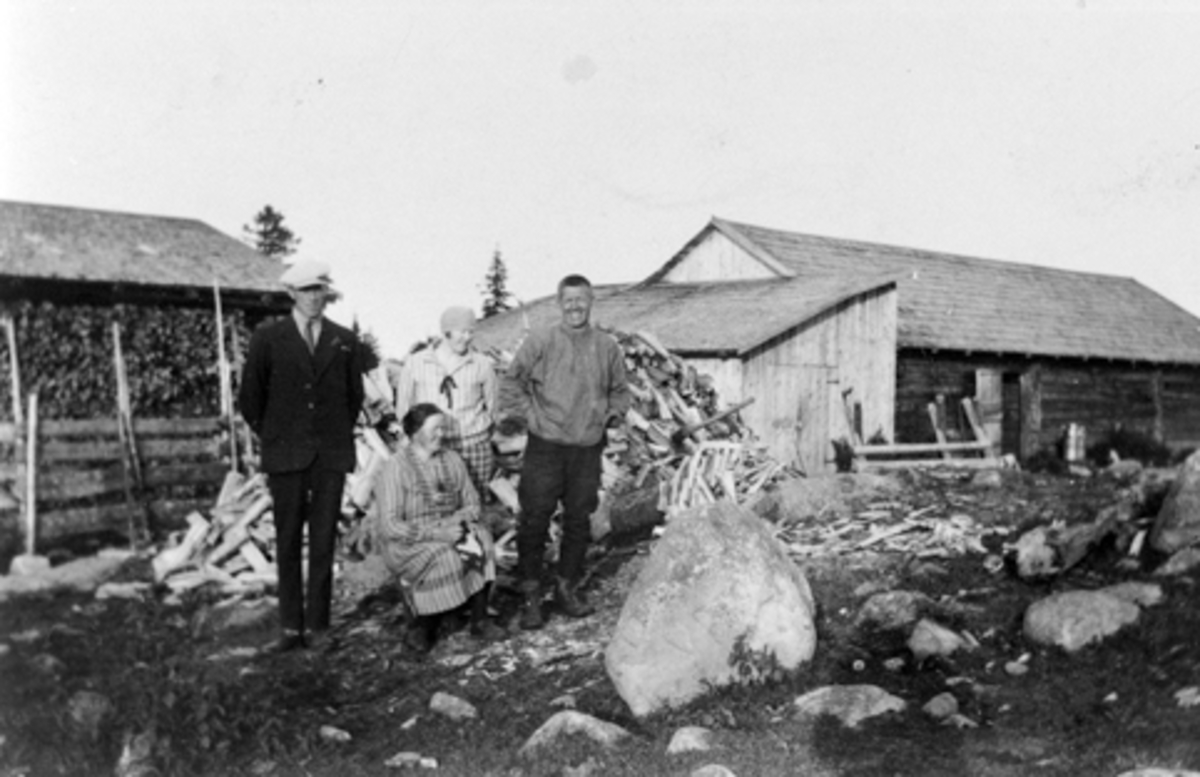 Eksteriør, Bergsetra på Bjønnåsen, Furnes Almenning, folk foran vedhaug, til høyre er Anders Berg (eier).