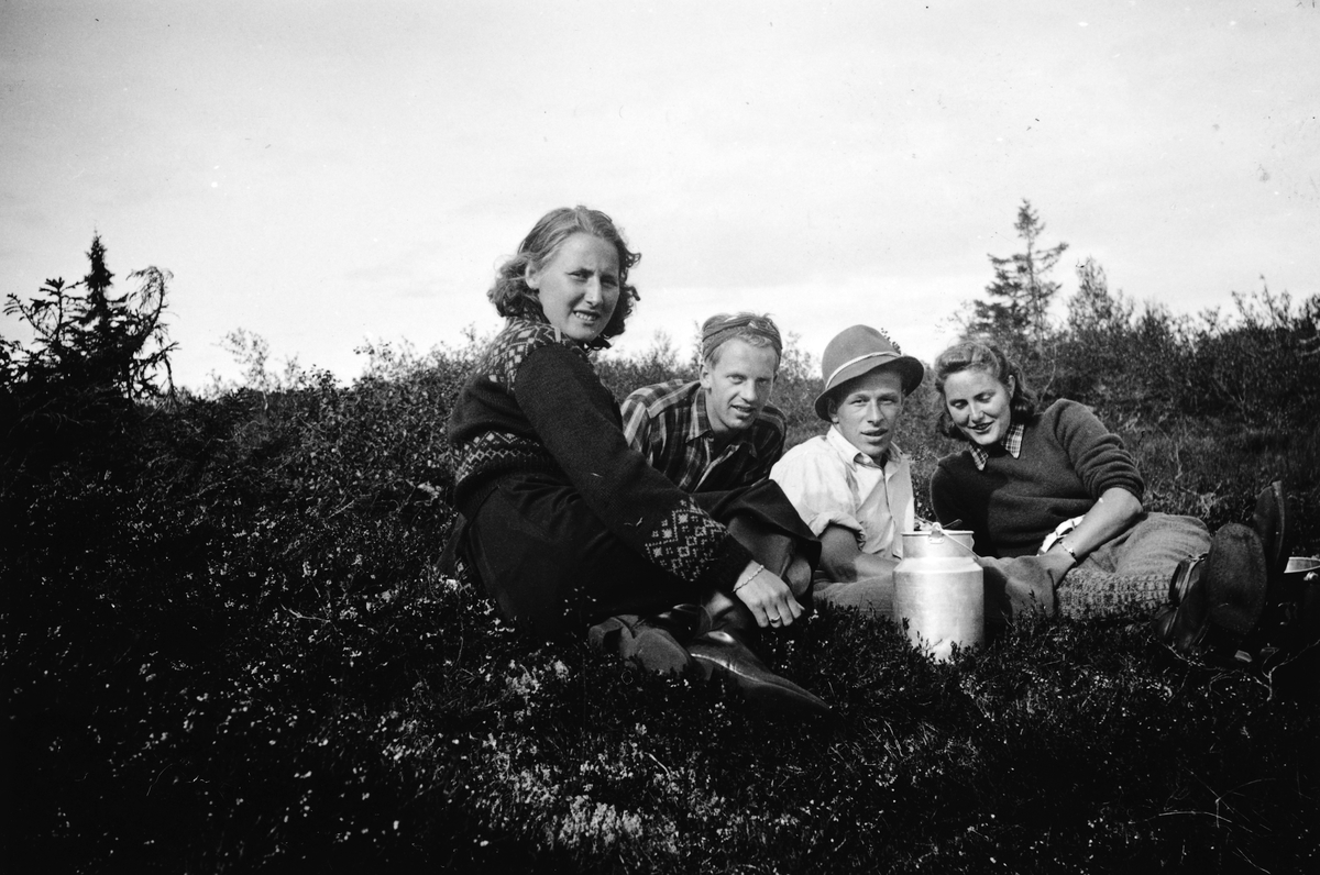 Hjørdis Berg g. Rustand, Henry Amdahl, Sverre Rustadbakken og Olaug Rustadbakken. Multetur, multsanking, bærtur, under krigen. 1940-1945.