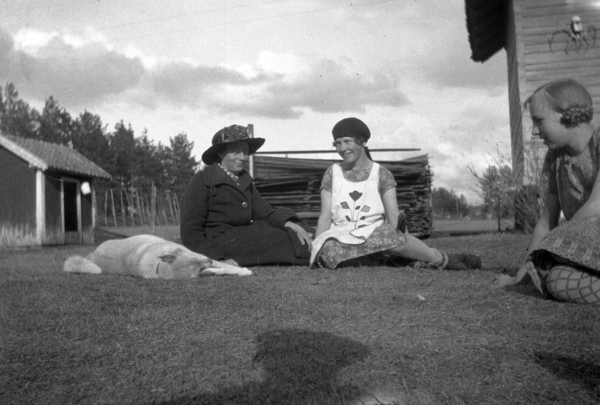 Tre kvinner og en hund på et tun.
Dette bildet er tatt på Søndre Søbakken (Gnr. 25, bnr. 43). Stabburet i bakgrunnen står den dag i dag.