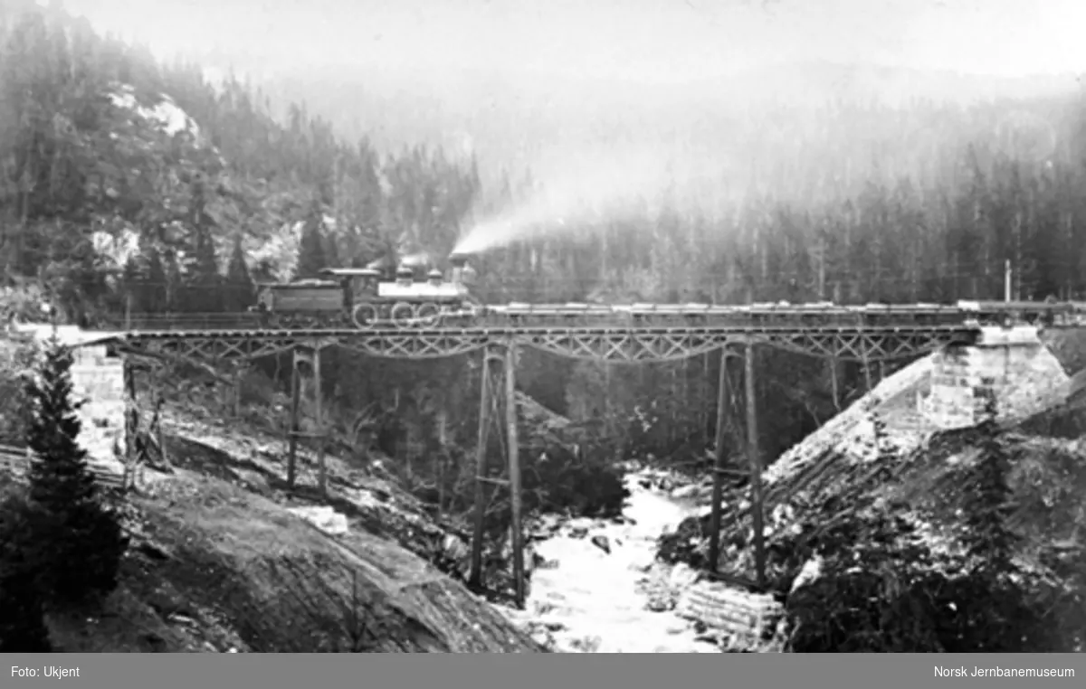 Funna viadukt med damplokomotiv av type 14 med grusvogner
