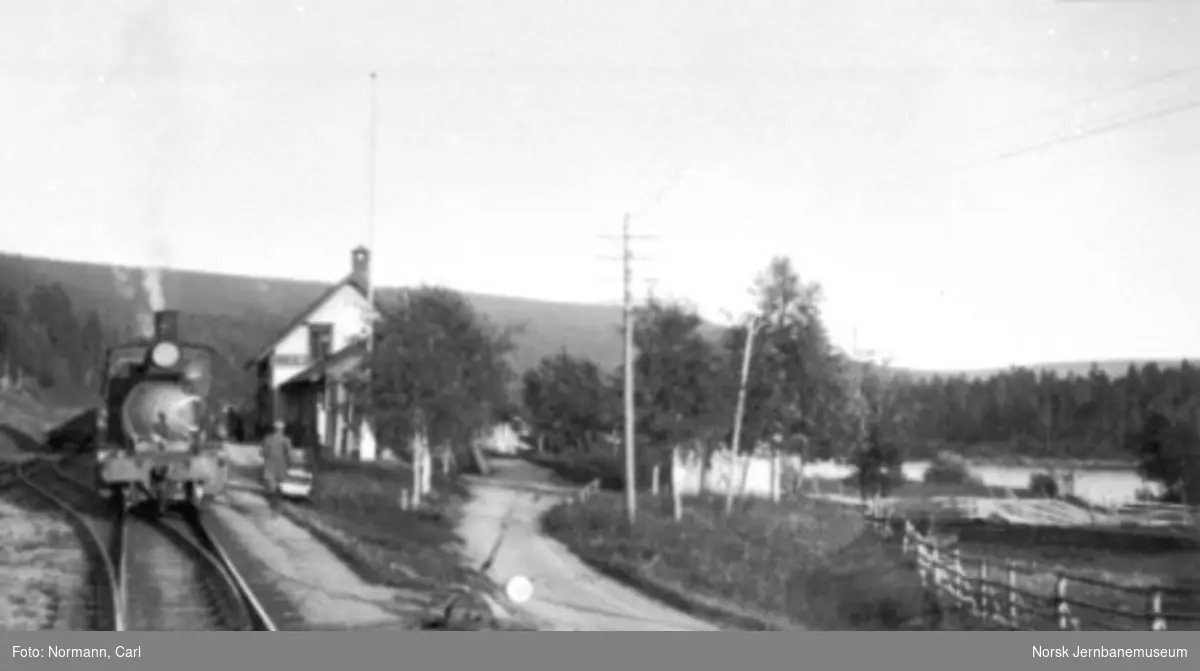 Barkald stasjon med tog i spor 1; foto nordfra rett mot lokomotivet