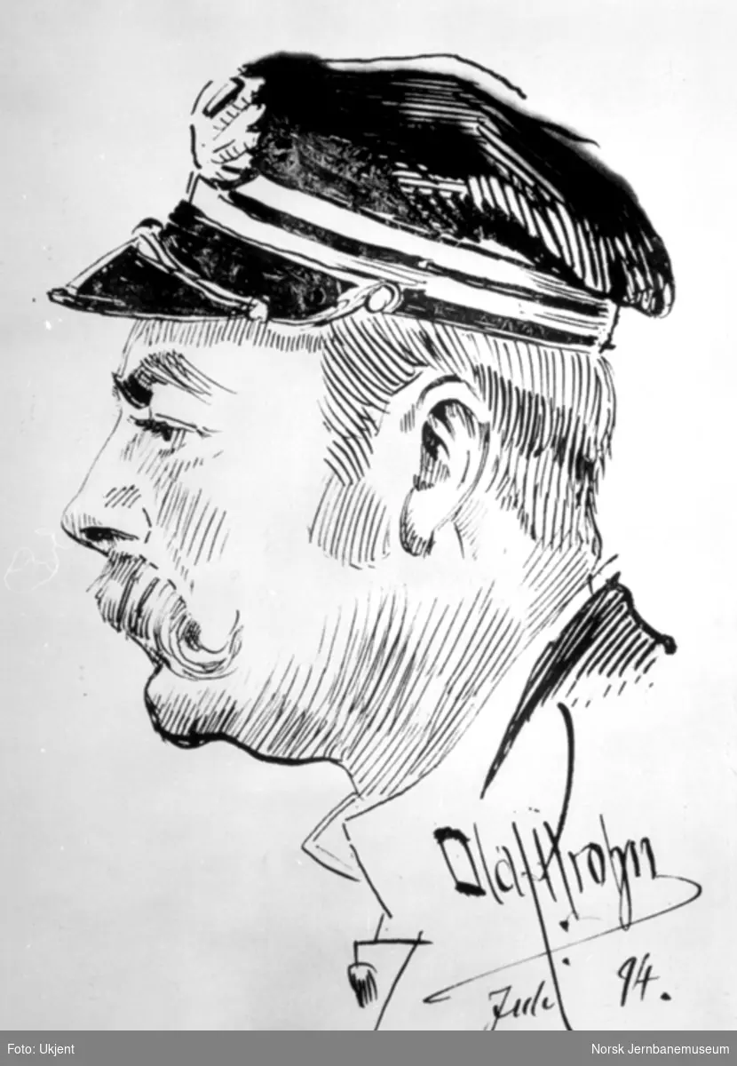 Karikaturtegning av kaptein Harald Pavels på D/S Strømmen
