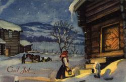 Julekort. Jule- og nyttårshilsen. Vintermotiv fra et gårdstu