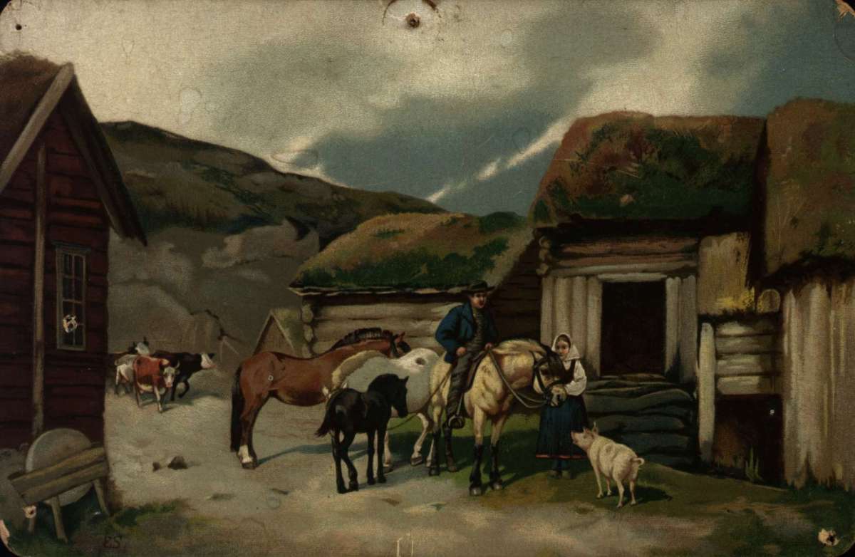 Postkort. Jule- og nyttårshilsen. Gårdstun. Hester. Kuer. Mann og kvinne. Datert 24.12.1891.