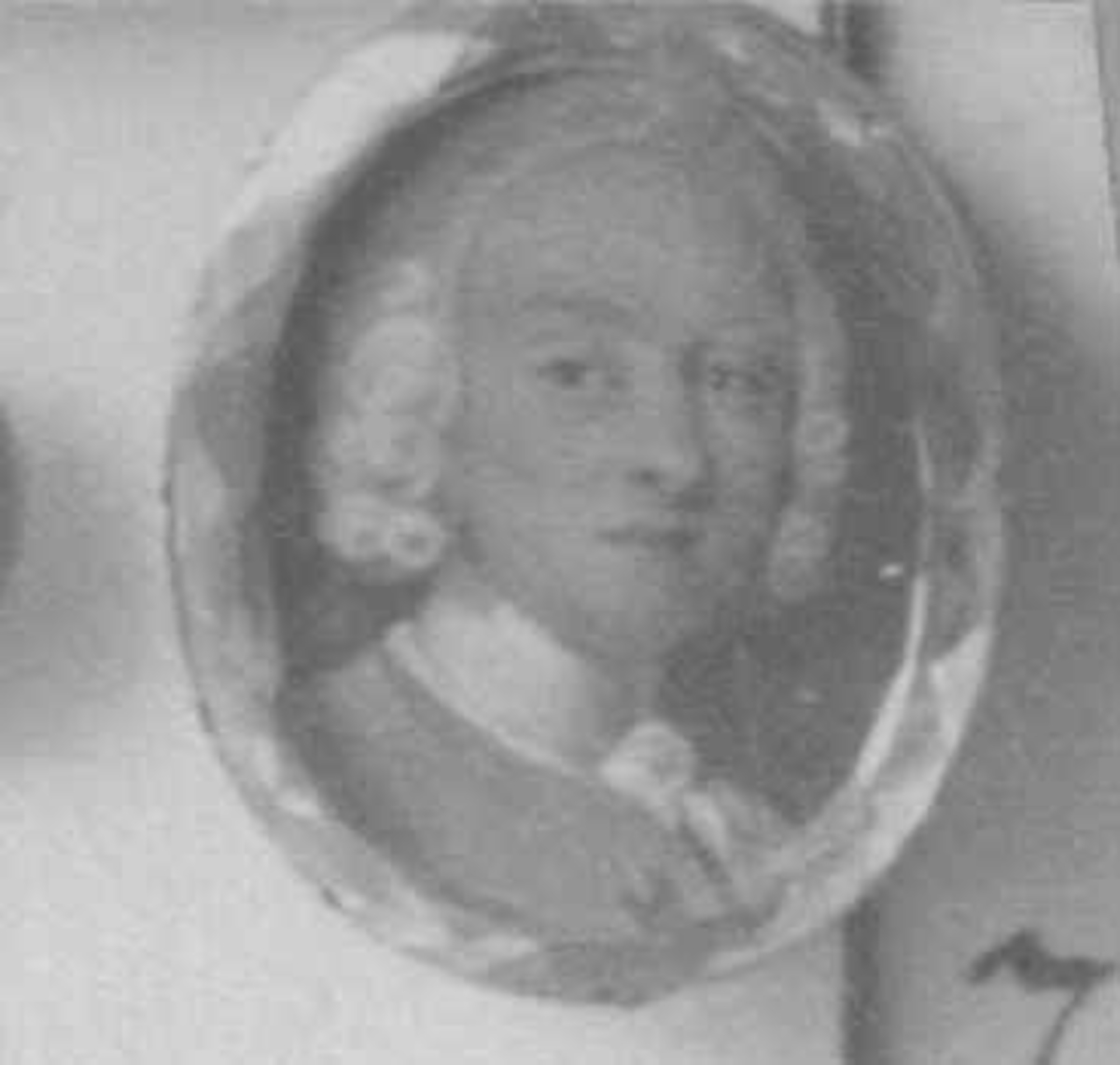 Portretter, Colbjørnsen, Peder (1683-1738). I 1716 ble han valgt til "Chef ved Svenskernes Indfald", angrepet på Fredrikshald, nå Halden.  Gift i Arendal 1720 med Hilleborg Dund (eller Duns). Fra Den kulturhistoriske Udstilling i Kristiania 1901.