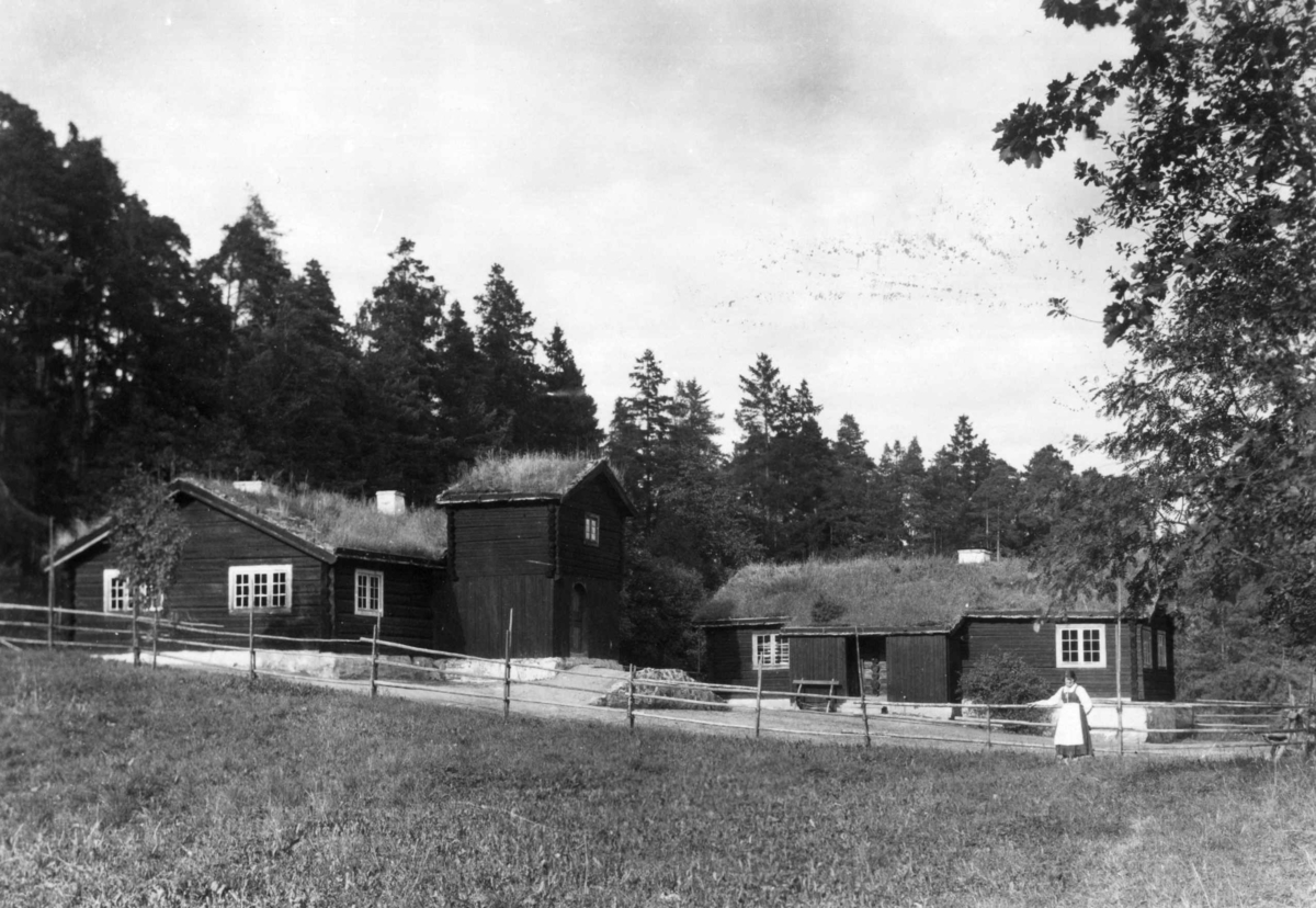 Østerdalstunet på Norsk folkemuseum. Fra venstre: Barfrøstue fra Gammelstu Trønnes, Stor-Elvdal og sommerstue fra Kilde, Åmot.
Fotografert av Ben Blessum i 1926.