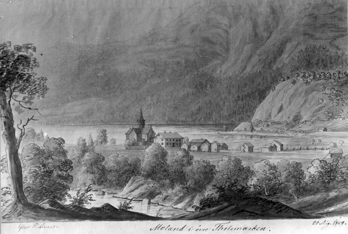 Moland kirke og prestegård, Fyresdal, Telemark. Tusjtegning av Simon Olaus Wolff (1796-1859), 20. aug. 1829, etter antatt akvarell av Paul Linaae (1791-1866).