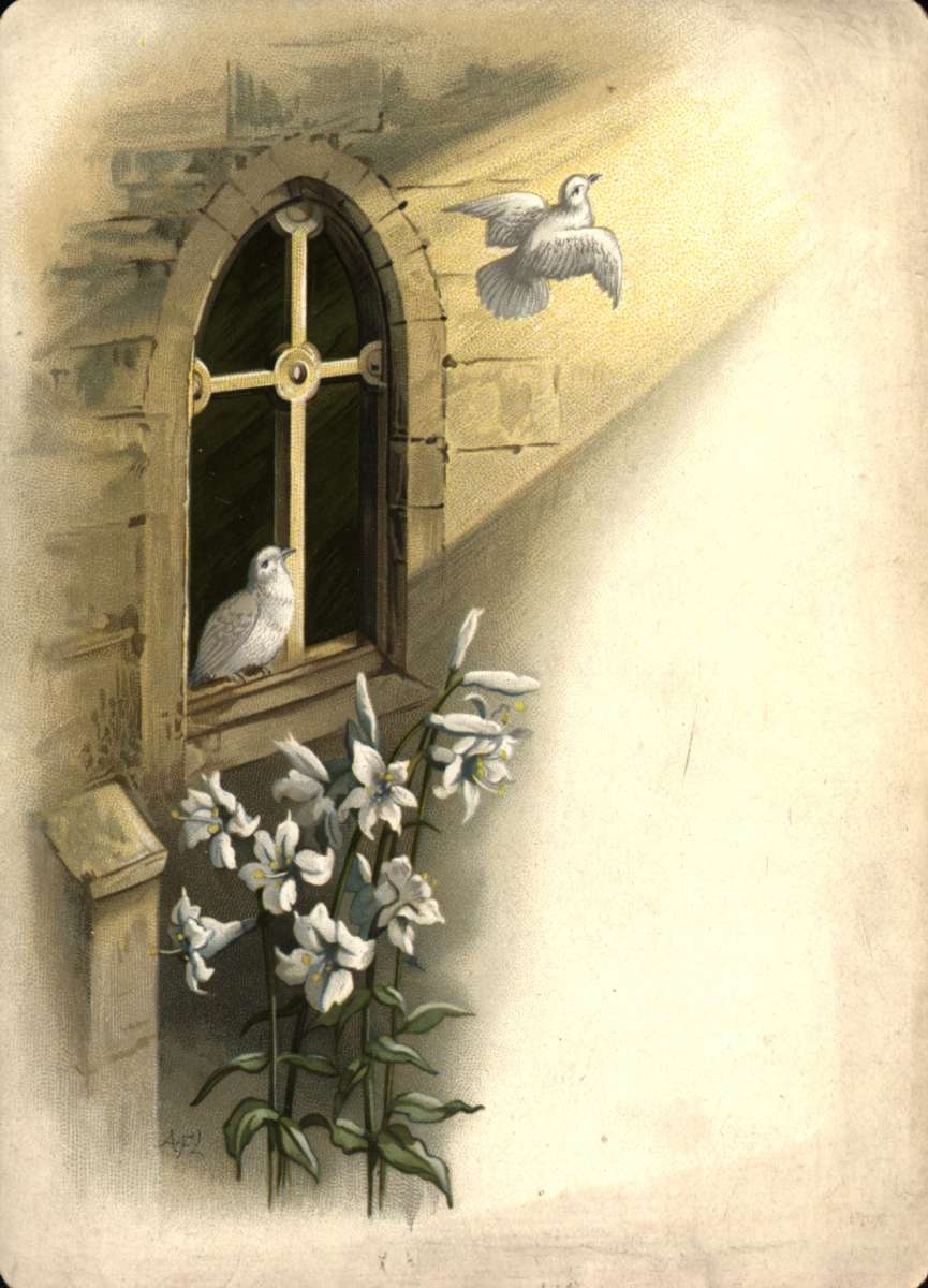 Postkort. Nyttårshilsen. En due flyr ut av et kirkevindu.