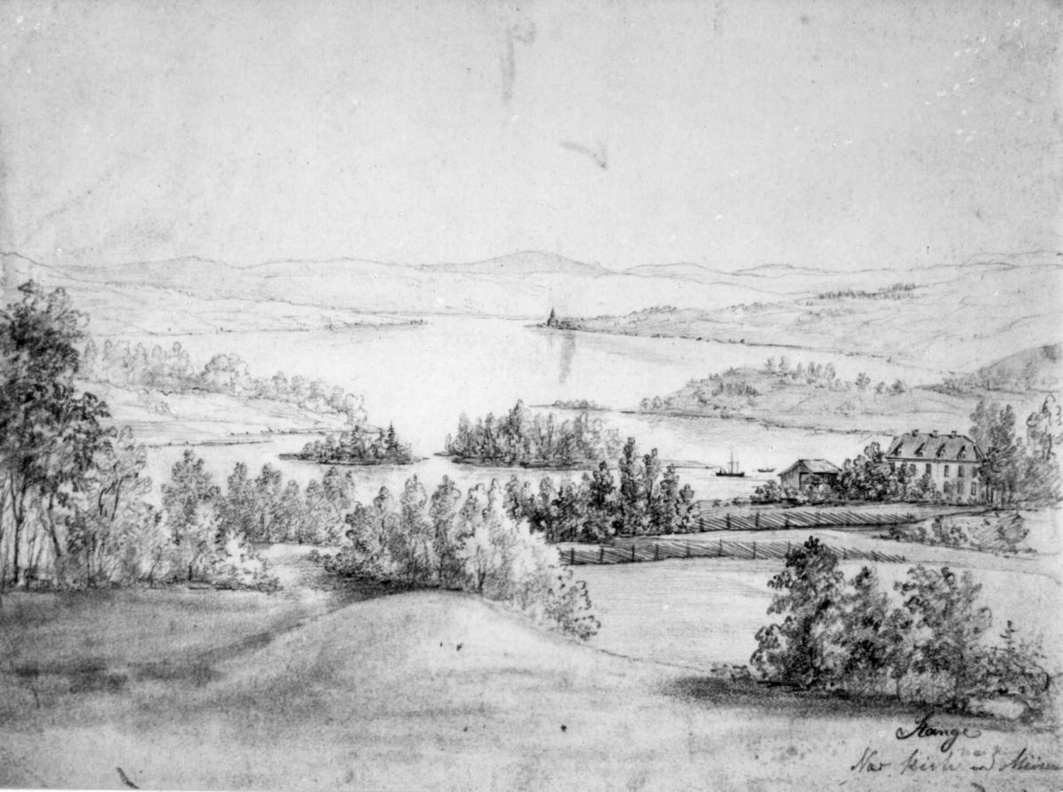 Stange, Hedmark. Fotografi av blyanttegning antatt av C. M. Tegner, anntatt 1830-50, usignert landskap og gård mot Mjøsa.