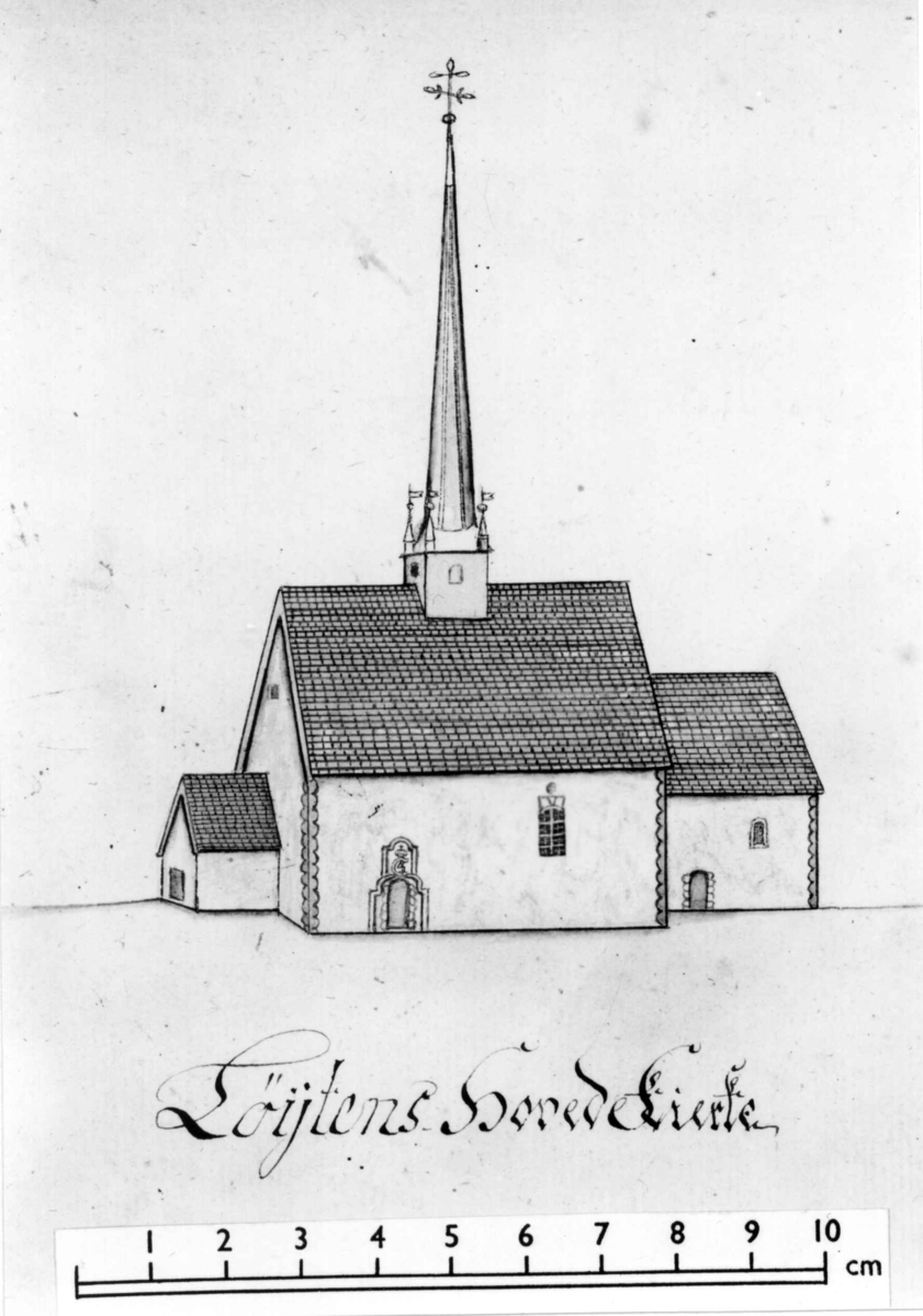Tegning av Løten kirke.