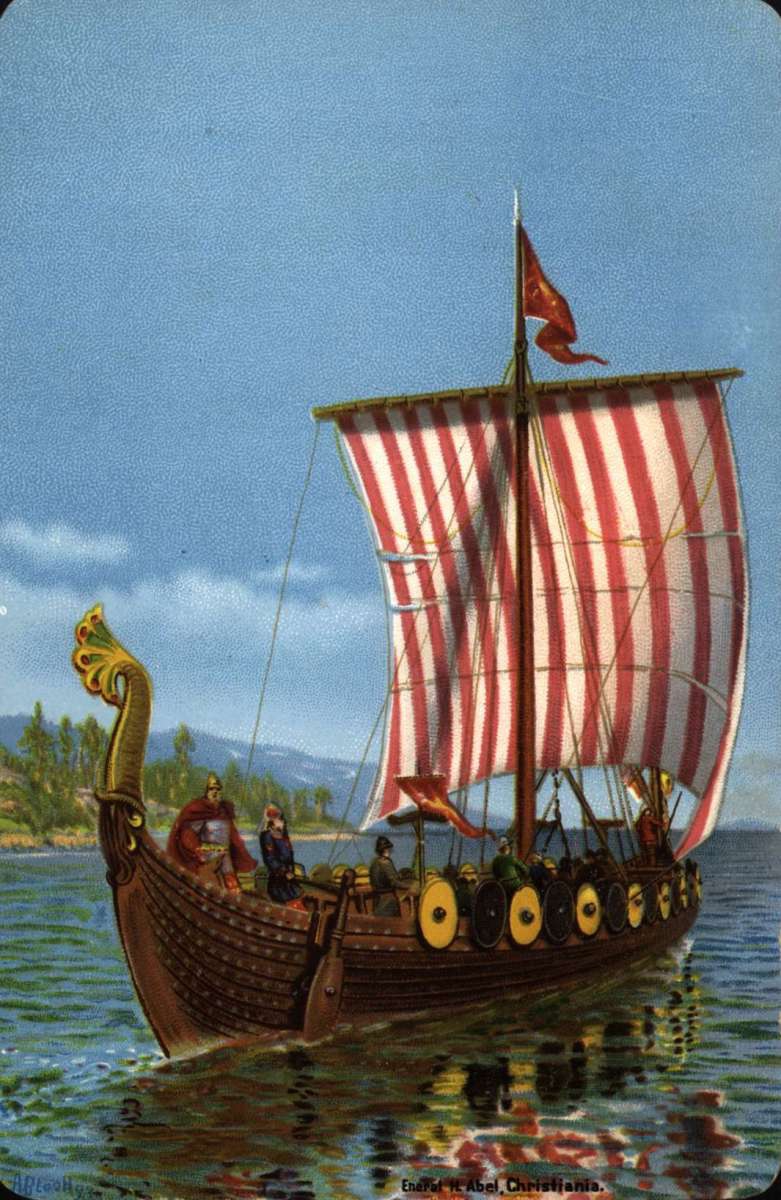 Postkort. Et vikingskip for fulle seil. Illustrert av Andreas Bloch.