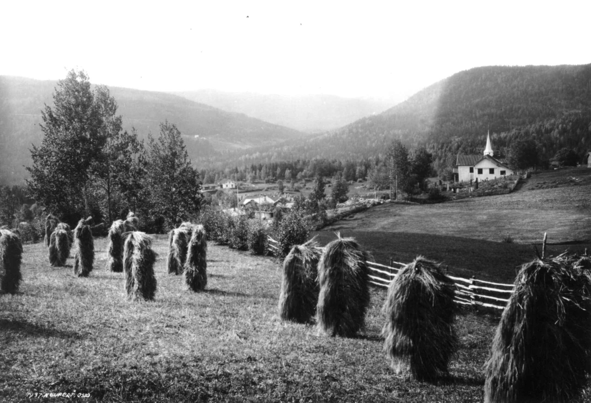 Lyngdal kirke, Flesberg, Buskerud. 1930. Oversiktsbilde. Landskap med skog og åser. Bebyggelse i bakgrunnen. Kornstaurer i forgrunnen.