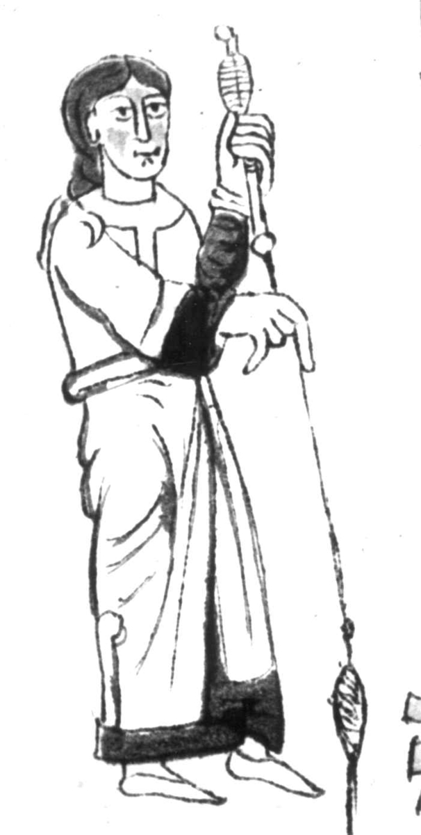 En mann spinner på håndtein. Illustrasjon, fra manuskript Hrabanus Maurus, 1000-tallet. Italia.