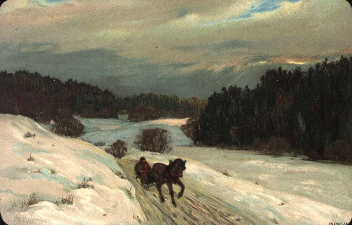Postkort. Julehilsen. Vintermotiv. Landskap. Mann med hest og slede.