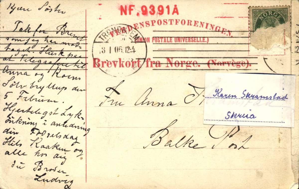 Postkort. Fotografisk bilde. Frimurerlogen, Trondheim. Ant. stemplet 13.01.1906.