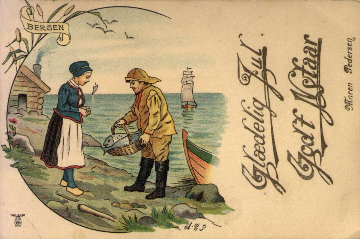 Julekort. Jule- og nyttårshilsen. Fisker med fangst til
kvinne på stranden. Laget for Maren Pedersen. Stemplet 26.12.1906.
