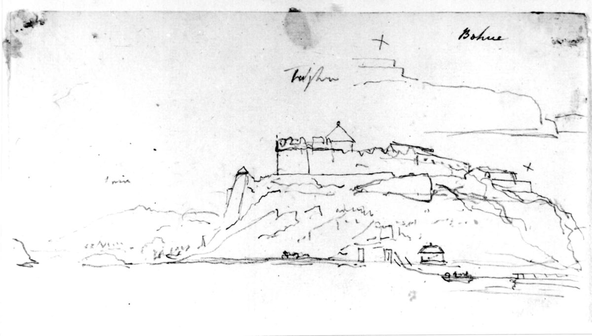 Kungälv, Båhuslen, Sverige.
Fra skissealbum av John W. Edy, "Drawings Norway 1800".