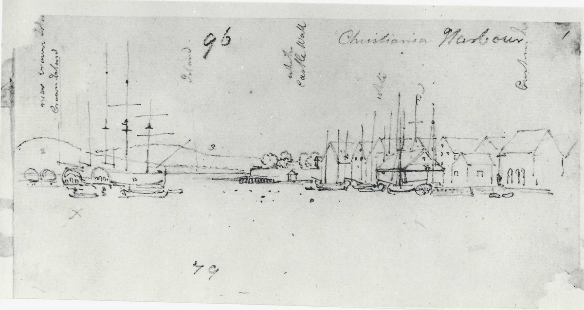 Oslo. Christiania. Havnen. Blyantskisse av John Edy: Drawings  Norway, 1800. "Harbour Christiania." Skissealbum utlånt av Deichmanske bibliotek.
