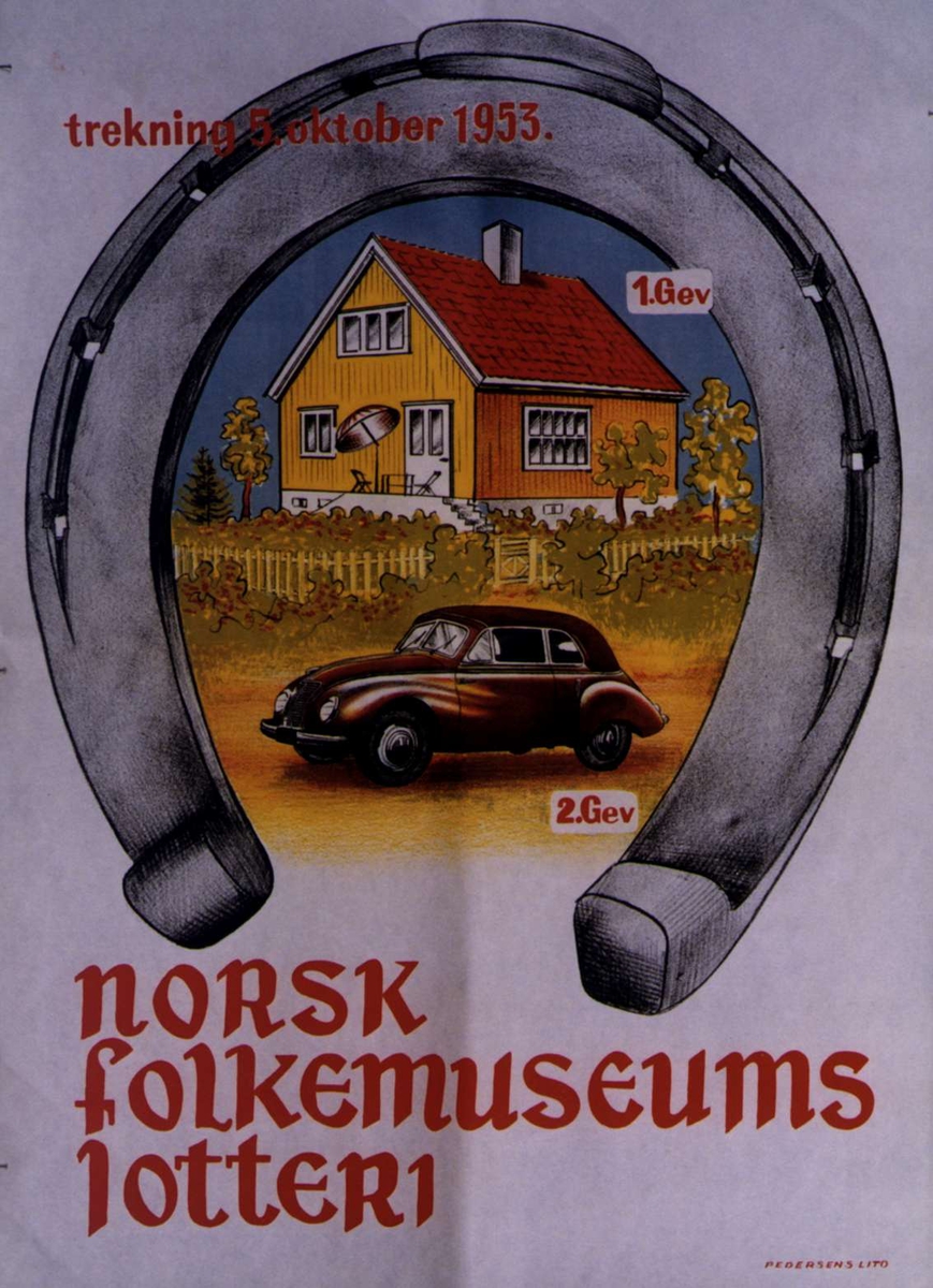 Plakat. Lotteri på Norsk Folkemuseum i 1953.
