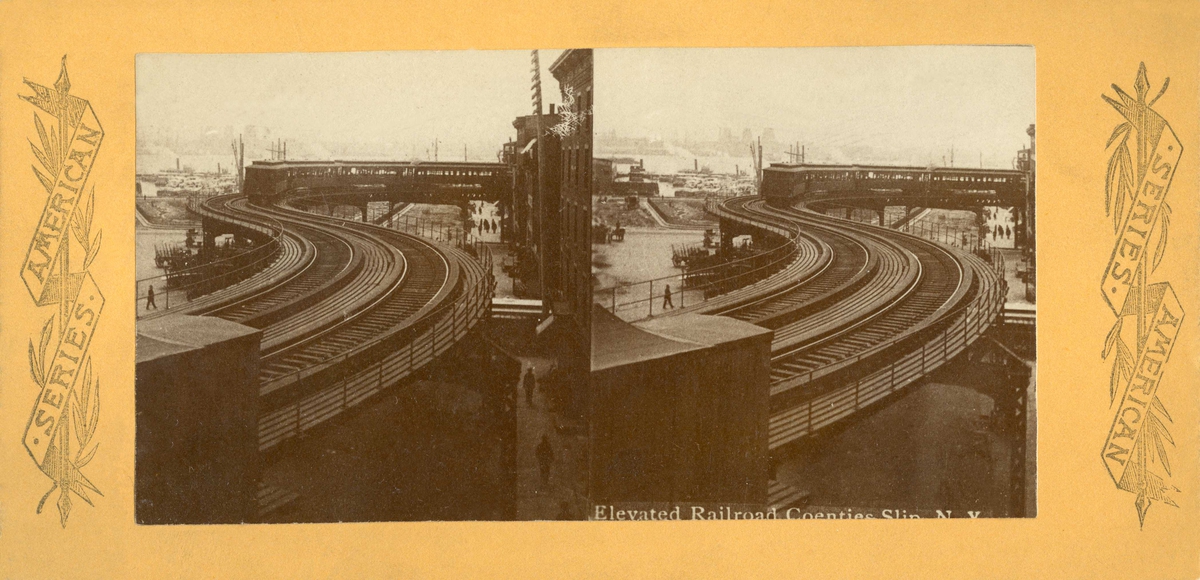 Stereoskopi. Hevet jernbanelinje med tog, New York, USA.