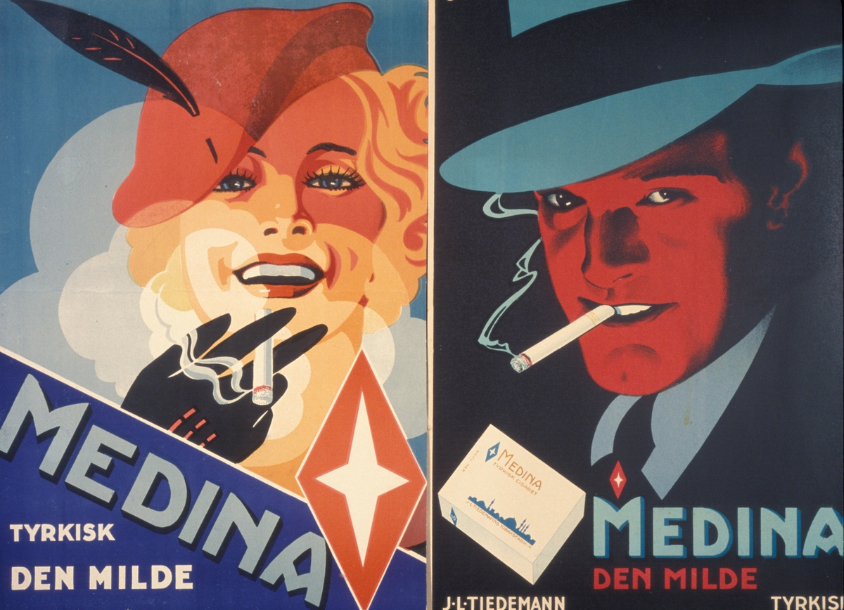 Avfotografert reklameplakat for Medina sigaretter. Fra billedserie til presentasjon av Tiedemanns nye tobakksmerker Golden king og Golden shag i 1978.