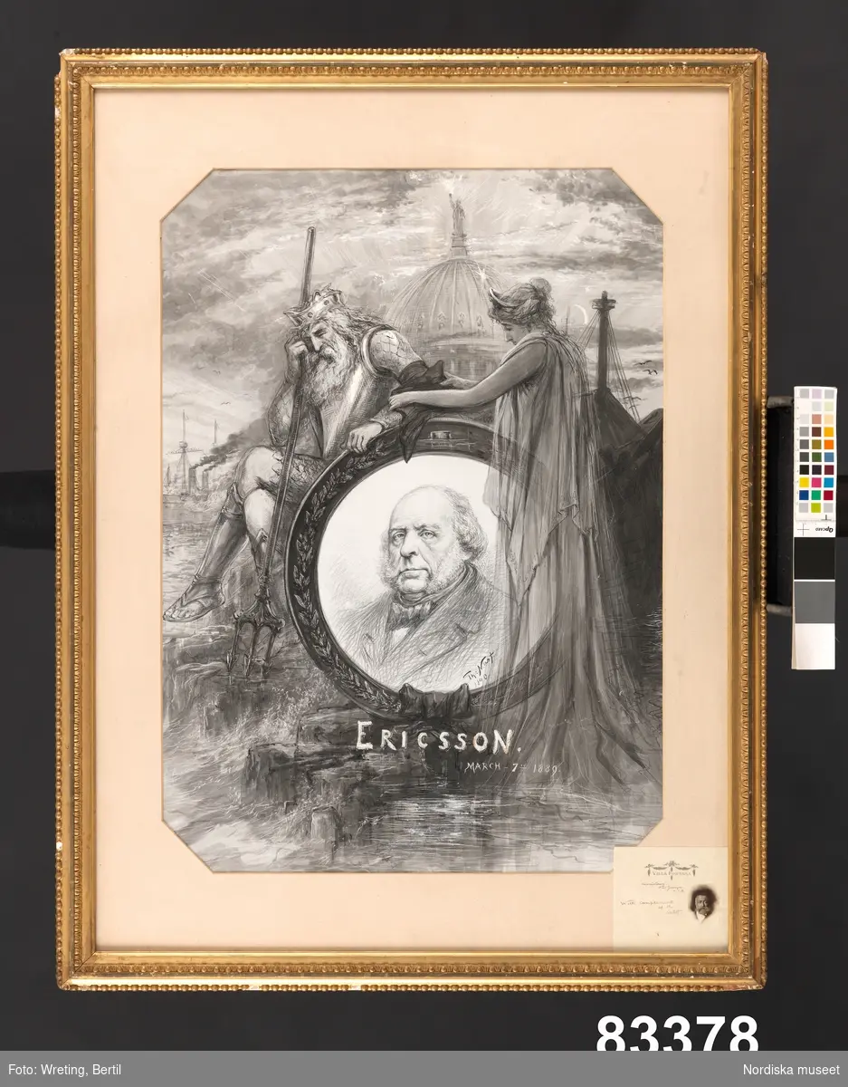 Porträtt av äldre herre i en rund medaljong bröstbild, face vänster. Neptunus, Capitolium och Frihetsgudinnan.