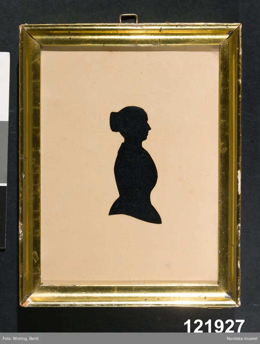 Silhuettporträtt, midjebild dam höger profil.