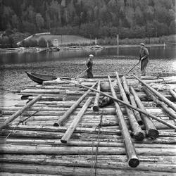 Tømmerfløting ved Fredrikstad, Østfold, 10.10.1959. Menn i a