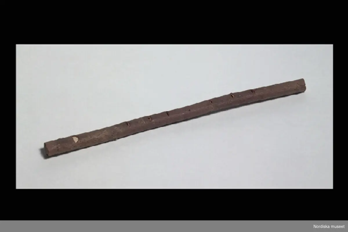 Inventering Sesam 1996-1999:
L   35  cm
Pilpipa, vipipa, flöjt, leksak, av obarkad pil, med 6 st ljudhål. 
Från Laxsjö sn, Jämtland.
Birgitta Martinius feb. 1998