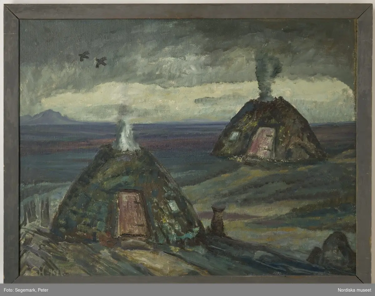 Målning av Emilie Demant Hatt, inv.nr NM.0246097. Torvkåtor. Jämtland. Landskap med  två torvkåtor.