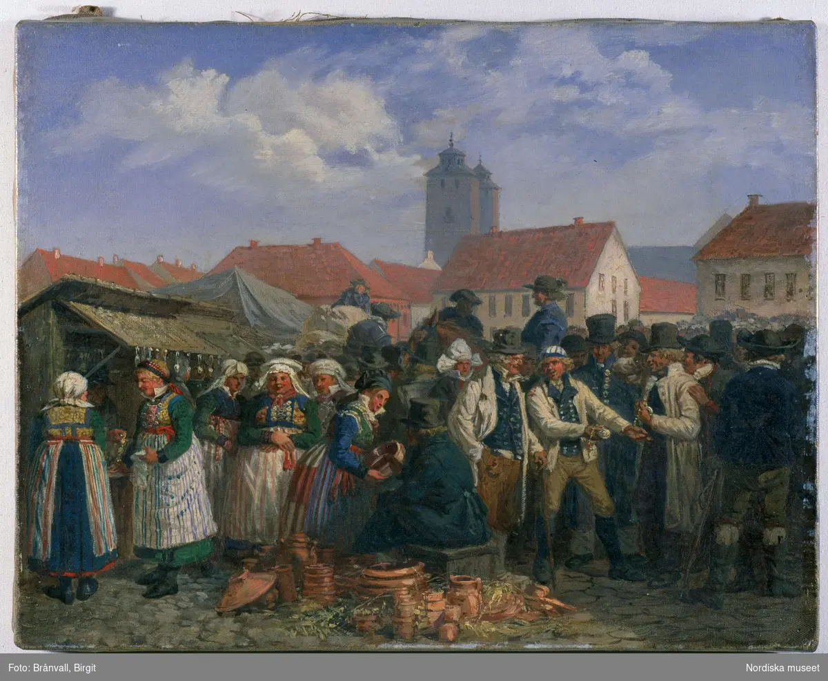 "Marknad i Lund". Oljemålning av J.W. Wallander från 1858. Nordiska museets föremål  inv.nr 57149.