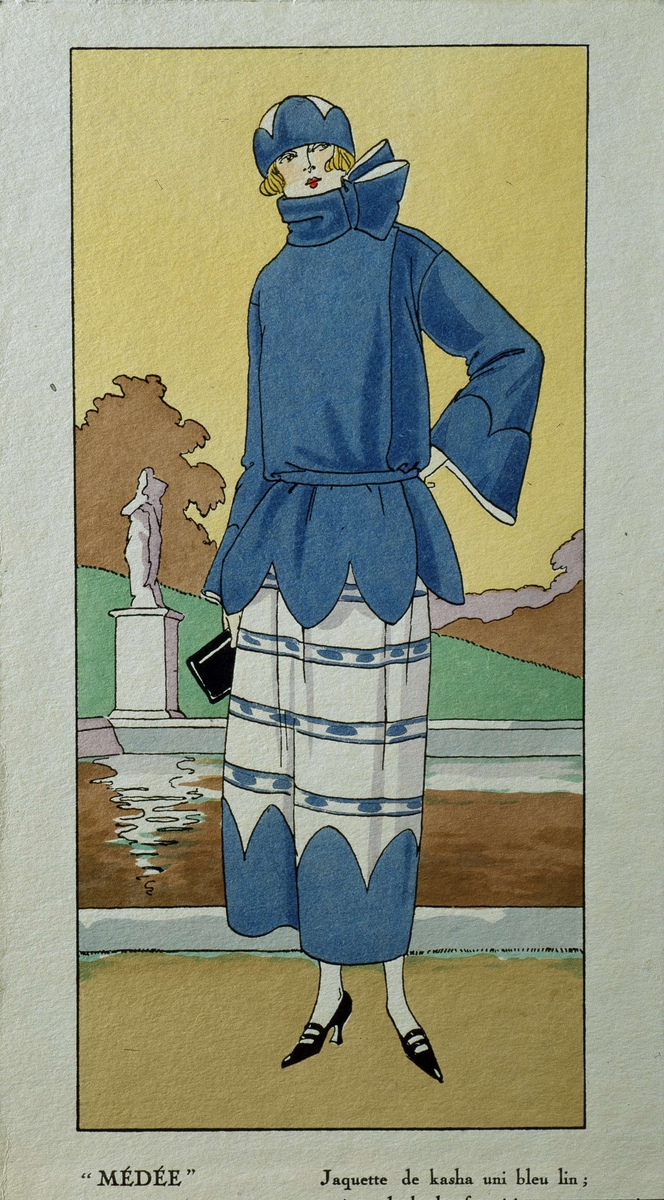 Fransk modeteckning. 1920-tal. "Médée". "Jaquette de kasha uni bleu lin"