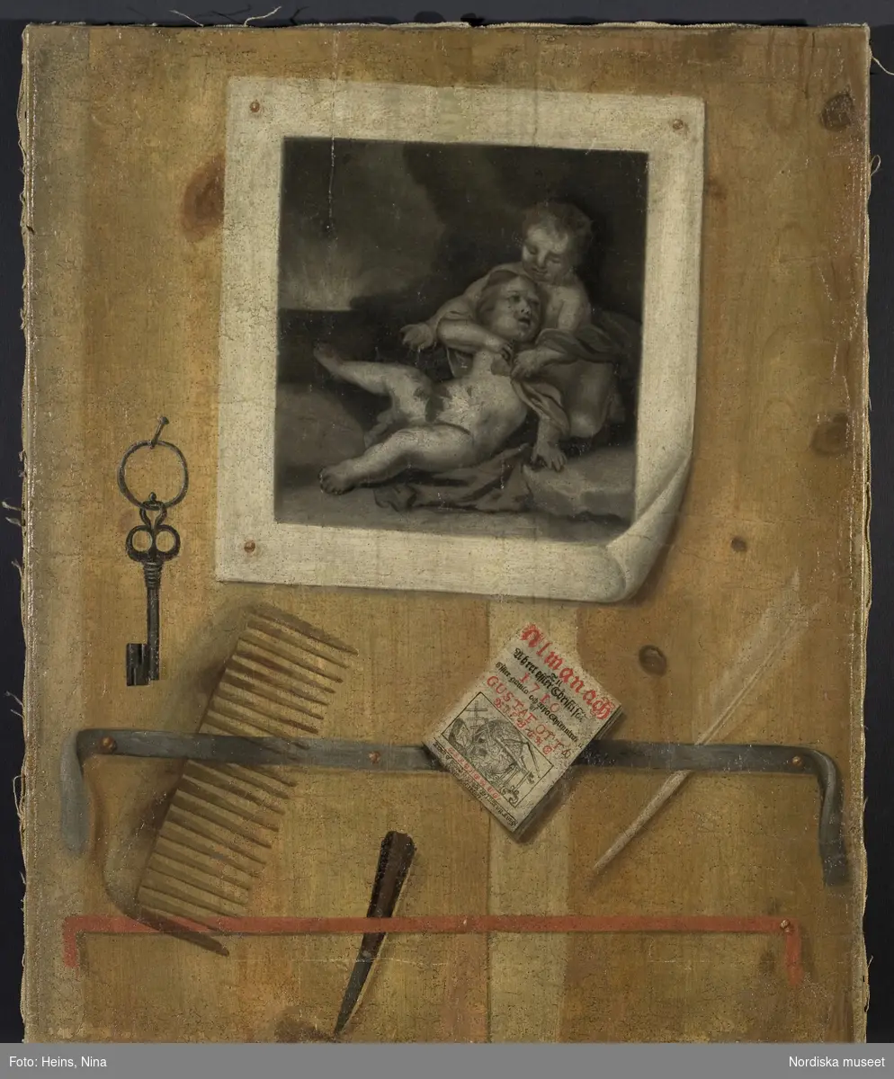 Quod libet. Trompe-l'oeil-målning av Gustaf Otto Billberg, 1710. Nordiska museet inv.nr 27942.