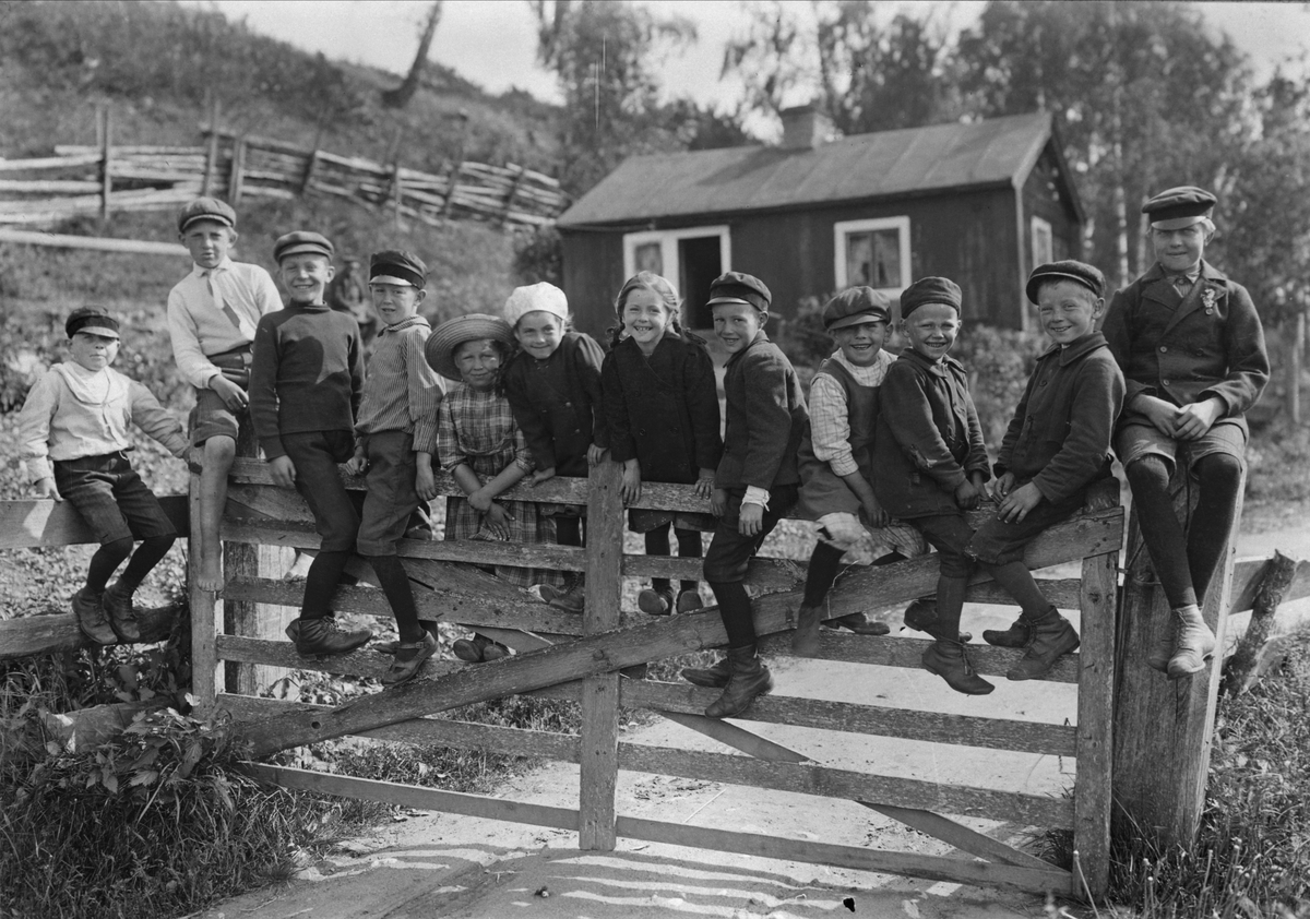 Tolv glada småländska barn sitter på en grind. I bakgrunden ett litet hus inhägnat med gärdesgård. 

Enligt uppgifter från kommentar inkomna via museets sociala medier är pojken längst till vänster Arthur Davidsson, ca 7 år gammal, född och uppvuxen i Tranås.