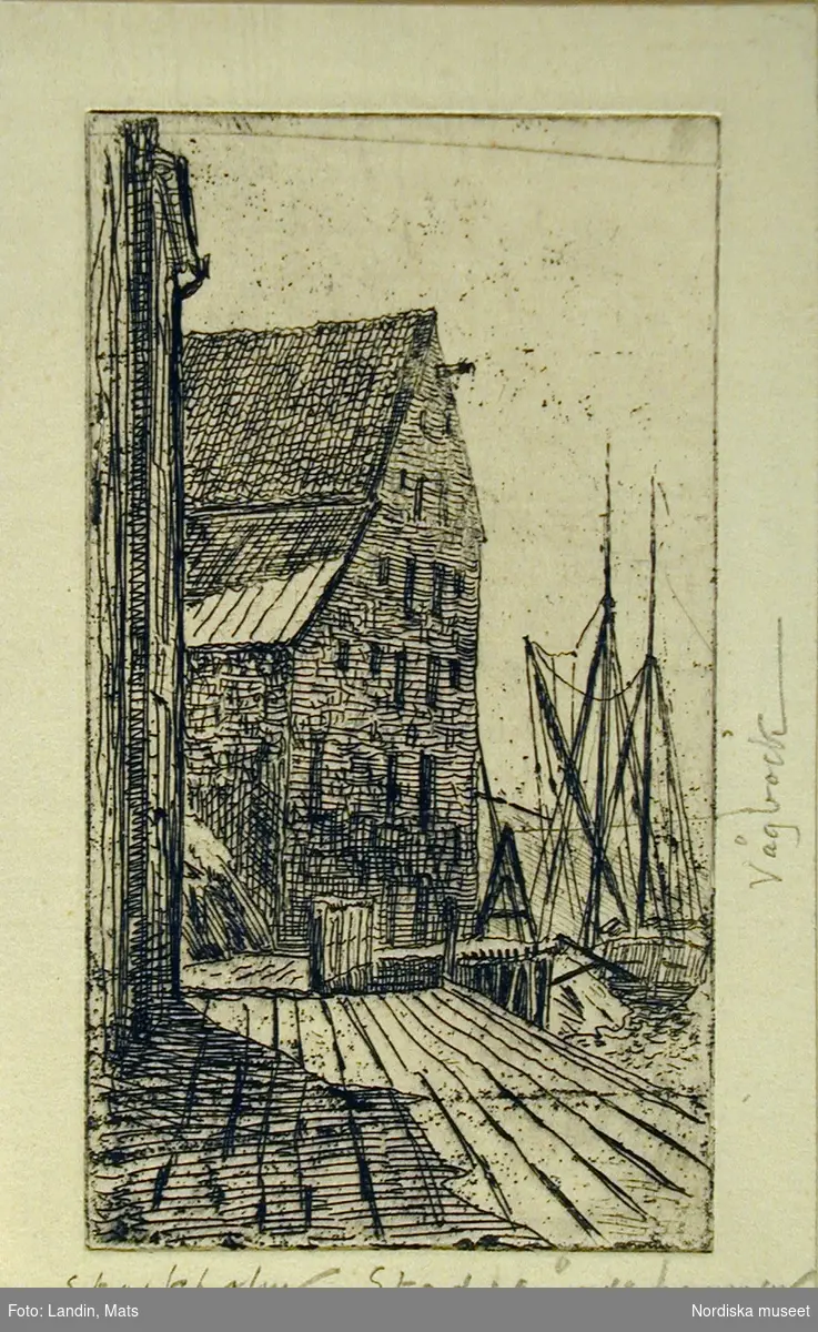 Teckning av A T Gellerstedt. Magasinsbyggnad och fartyg i Stadsgårdshamnen.