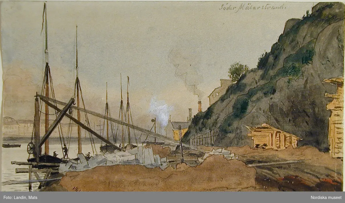 Akvarell av A T Gellerstedt. "Söder Mälarstrand mot öster. 1884."