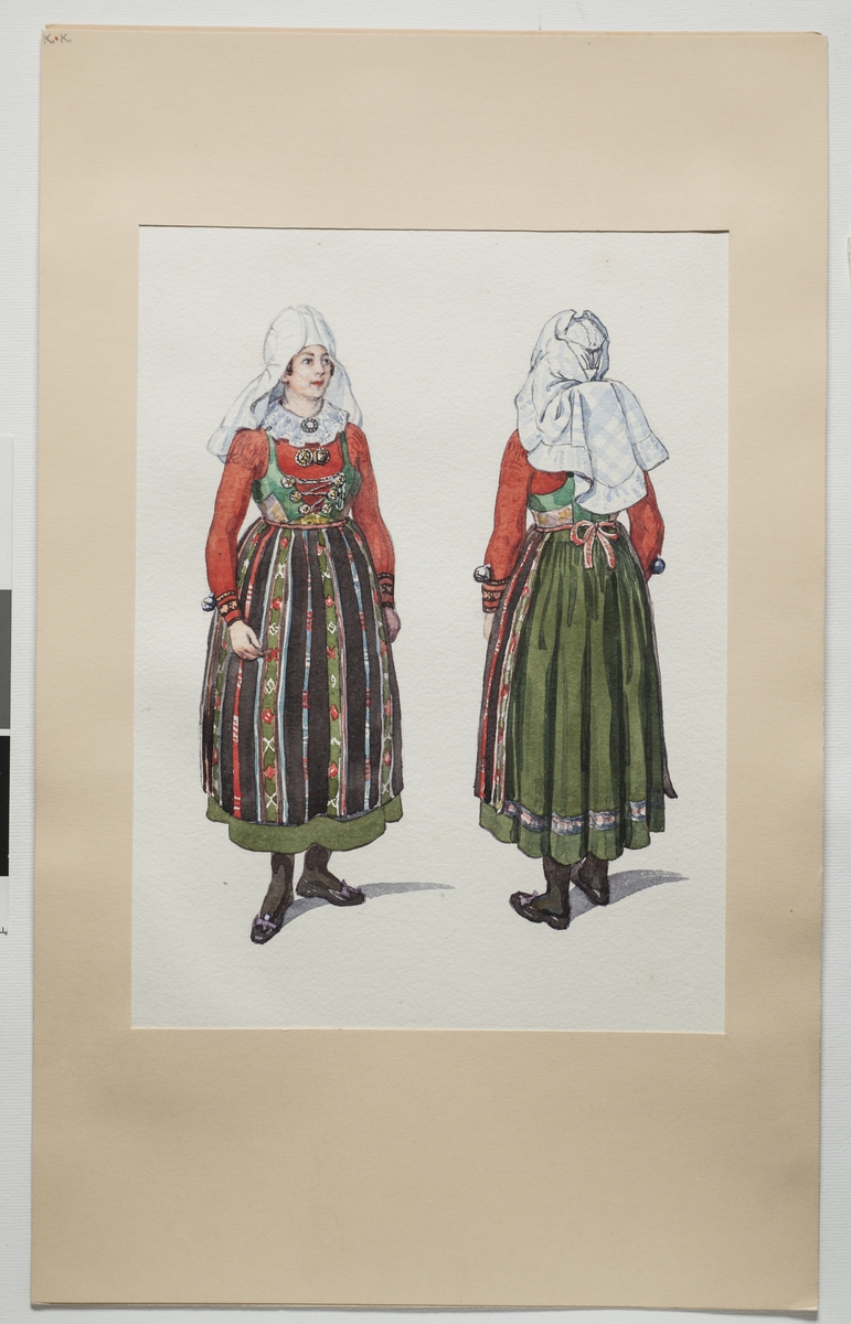 Festdräkt för gift kvinna Vemmenhög härad, Skåne. Akvarell  av Emelie von Walterstorff.