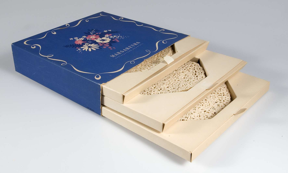 Förpackning i blå papp med vit bård och blommotiv. Text: "Margaretha. Spetspappers-schatull". Innehåller tårtpapper i tre olika storlekar.
